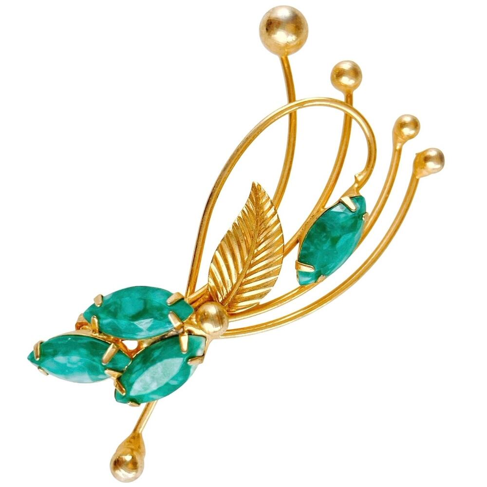 VTG Mid Century Gold Tone Green Art Glass Leaf Spray Brooch Ball Finials